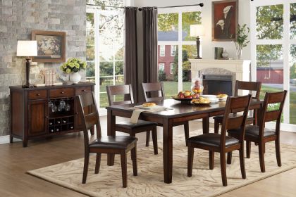 Cherry Finish Classic 7pc Dining Set Wooden Table Draw Leaf and 6 Side Chairs Faux Leather Upholstered Durable Furniture Transitional Style Ladder Bac