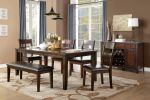 Cherry Finish Classic 6pc Dining Set Wooden Table w Draw Leaf Bench and 4 Side Chairs Faux Leather Upholstered Durable Furniture Transitional Style La