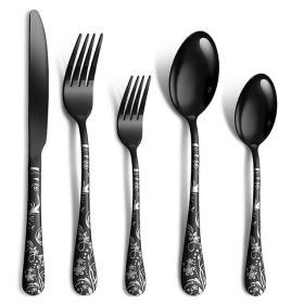 Cibeat Black Silverware Set, 20-Piece Stainless Steel Flatware, Flower Pattern Forks and Spoons Set with Knives, Mirror Finish & Dishwasher Safe