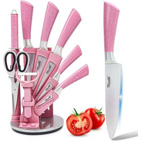 Kitchen Knife Set, 9PC Pink Wheat Straw Sharp Cooking Knife Set with Acrylic Stand (Brand: Dot Pet)