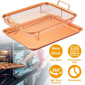 Crisper Tray Set Non Stick Cookie Sheet Tray Air Fry Pan Grill Basket Oven Dishwasher Safe Oil Free (Color: Copper)